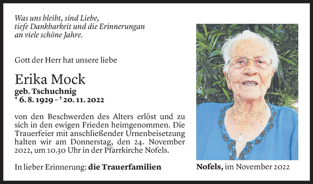  Todesanzeige für Erika Mock vom 21.11.2022 aus Vorarlberger Nachrichten