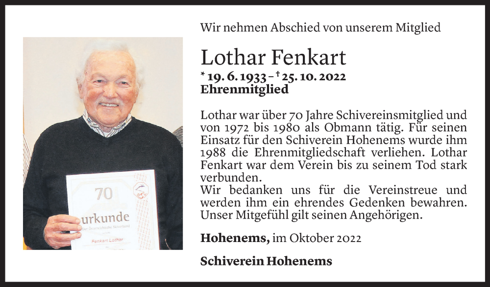  Todesanzeige für Lothar Fenkart vom 02.11.2022 aus Vorarlberger Nachrichten