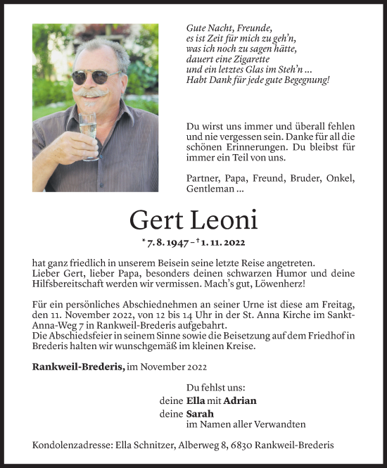 Todesanzeige von Gert Leoni von Vorarlberger Nachrichten