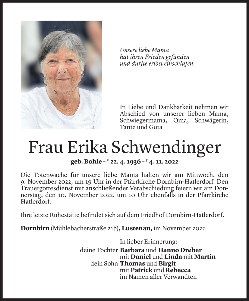  Todesanzeige für Erika Schwendinger vom 08.11.2022 aus Vorarlberger Nachrichten