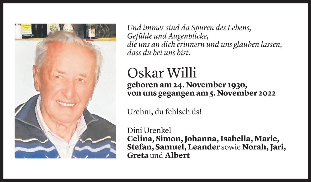  Todesanzeige für Oskar Willi vom 11.11.2022 aus Vorarlberger Nachrichten