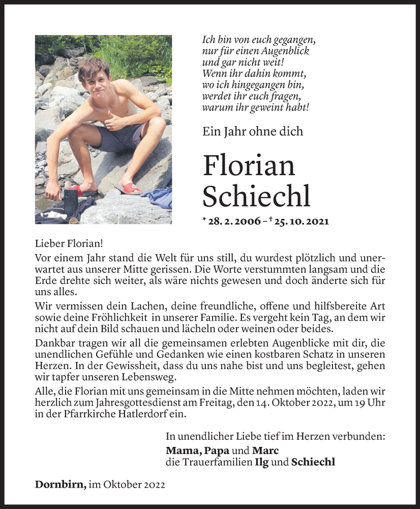 Todesanzeige für Florian Schiechl vom 12.10.2022 aus Vorarlberger Nachrichten