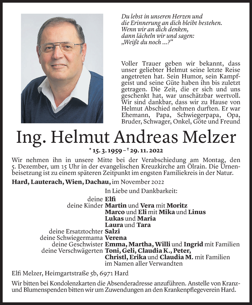  Todesanzeige für Helmut Melzer vom 29.11.2022 aus Vorarlberger Nachrichten