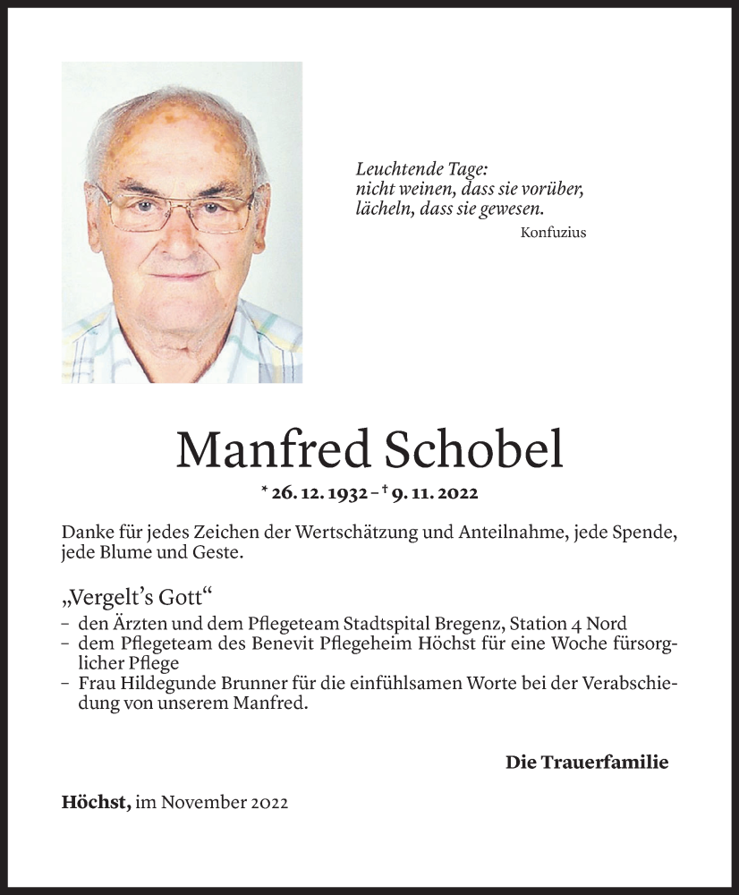  Todesanzeige für Manfred Schobel vom 25.11.2022 aus Vorarlberger Nachrichten