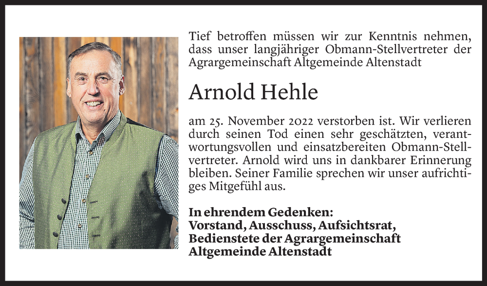  Todesanzeige für Arnold Hehle vom 30.11.2022 aus Vorarlberger Nachrichten