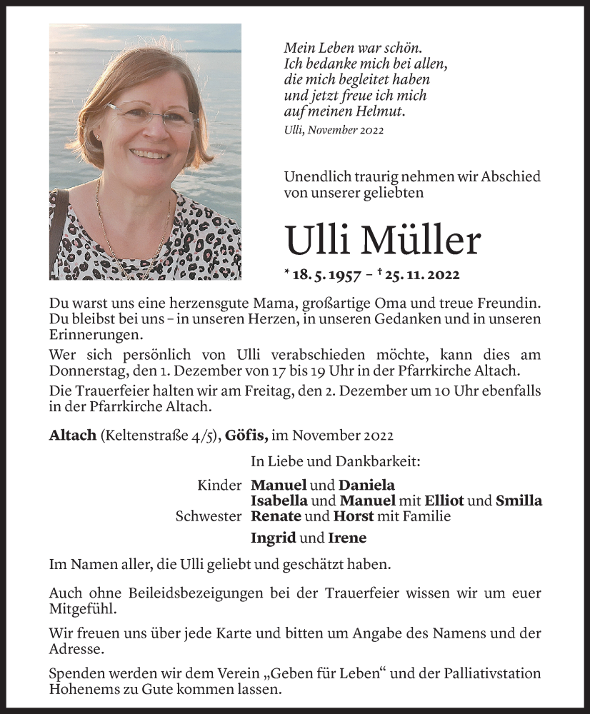  Todesanzeige für Ulli Müller vom 29.11.2022 aus Vorarlberger Nachrichten