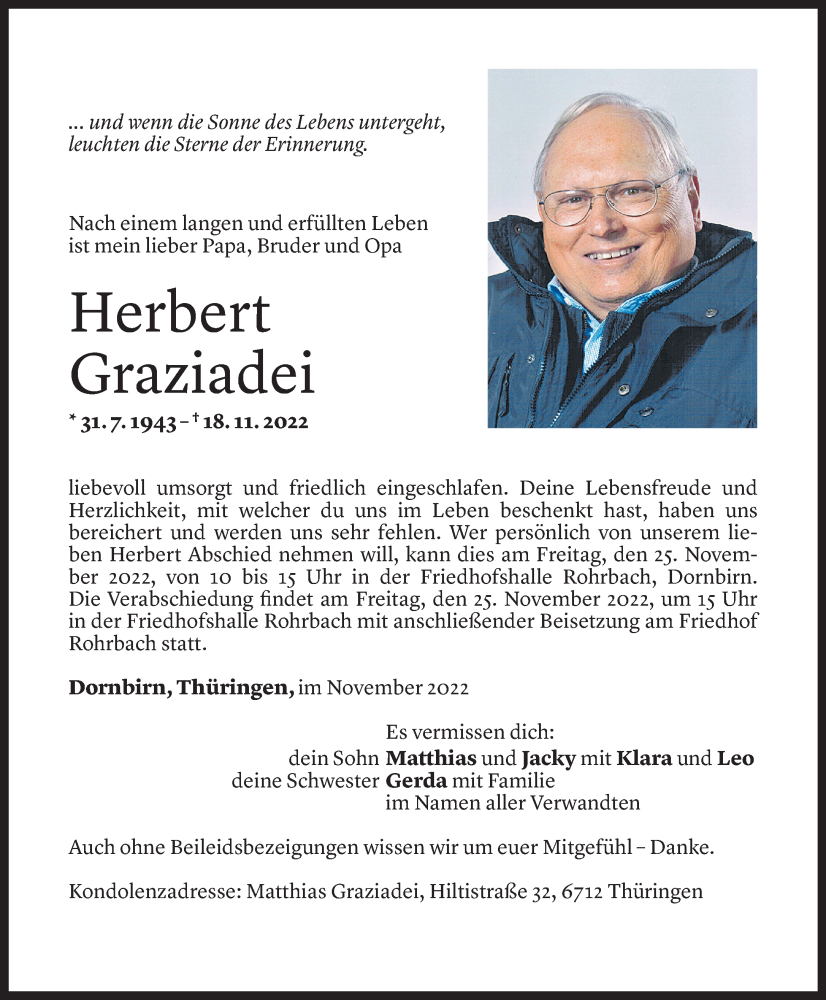  Todesanzeige für Herbert Graziadei vom 21.11.2022 aus Vorarlberger Nachrichten