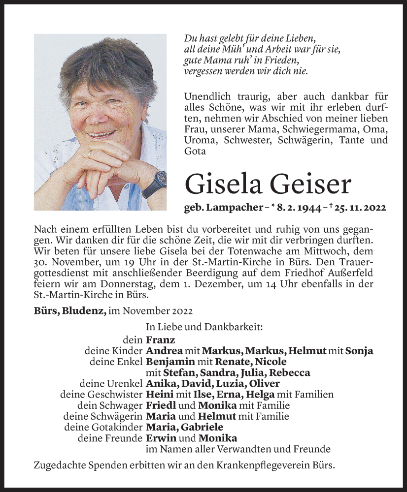  Todesanzeige für Gisela Geiser vom 29.11.2022 aus Vorarlberger Nachrichten