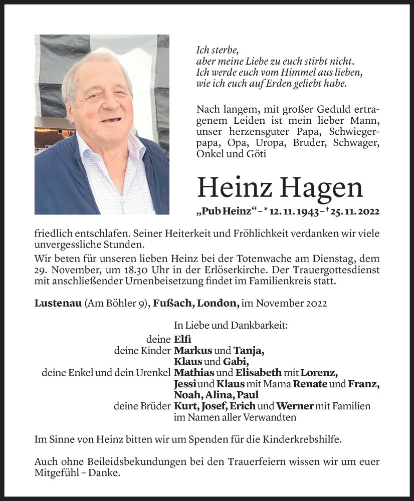  Todesanzeige für Heinz Hagen vom 25.11.2022 aus Vorarlberger Nachrichten