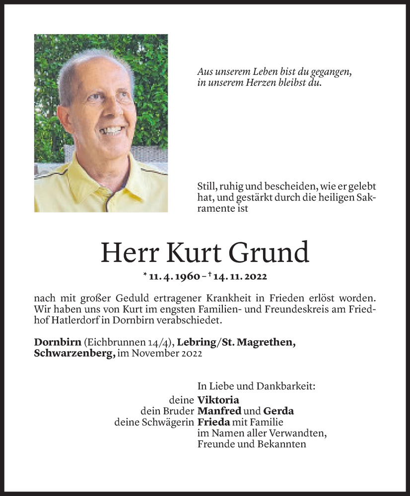  Todesanzeige für Kurt Grund vom 21.11.2022 aus Vorarlberger Nachrichten