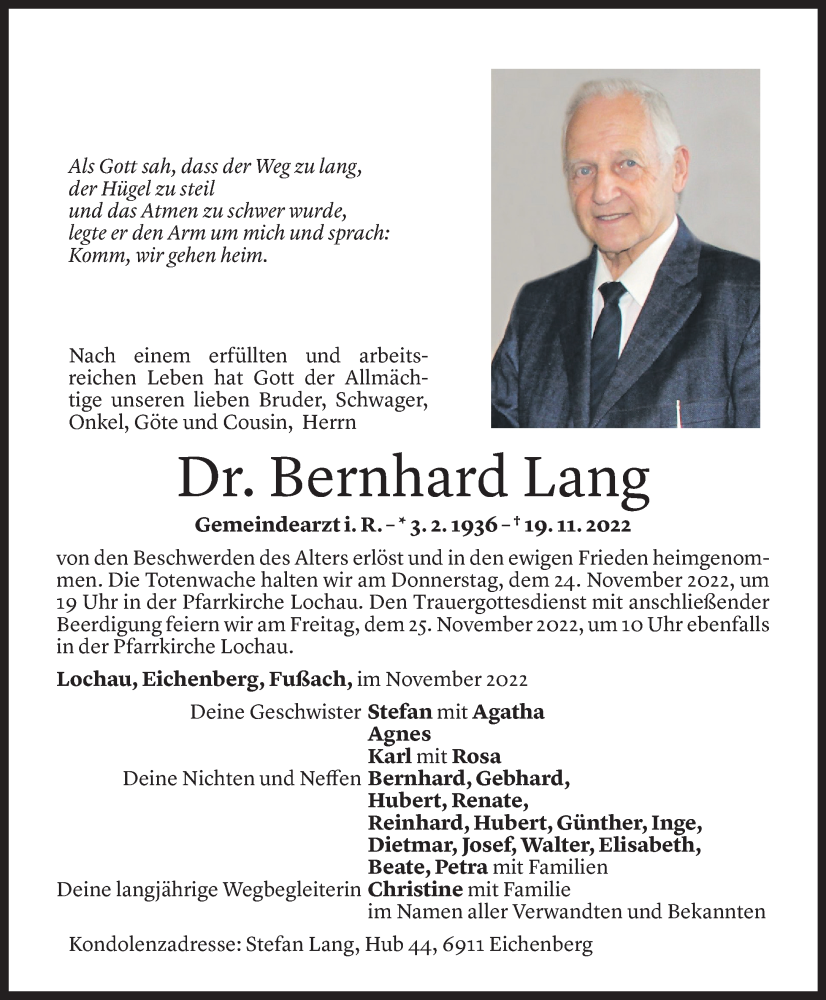  Todesanzeige für Bernhard Lang vom 23.11.2022 aus Vorarlberger Nachrichten