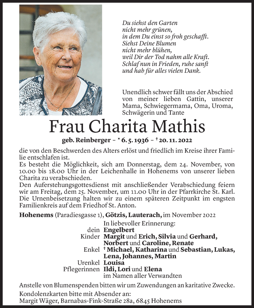  Todesanzeige für Charita Mathis vom 23.11.2022 aus Vorarlberger Nachrichten