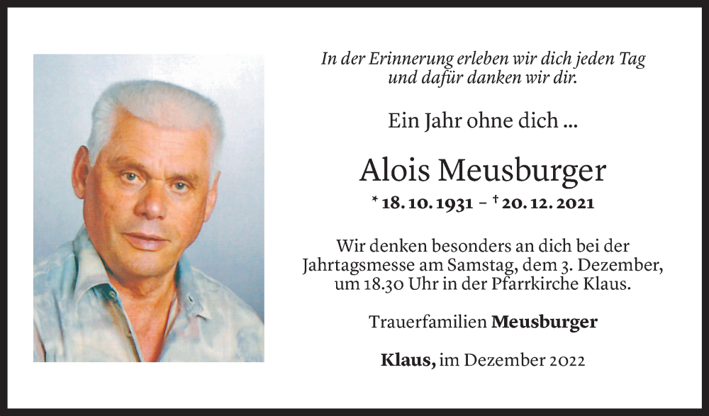  Todesanzeige für Alois Meusburger vom 01.12.2022 aus Vorarlberger Nachrichten