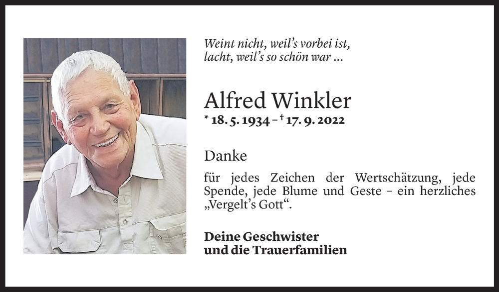 Todesanzeige für Alfred Winkler vom 10.11.2022 aus Vorarlberger Nachrichten