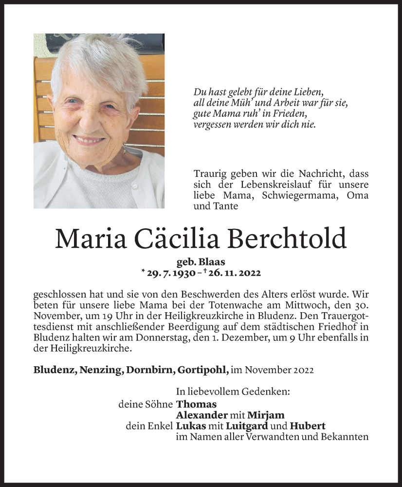  Todesanzeige für Maria Cäcilia Berchtold vom 29.11.2022 aus Vorarlberger Nachrichten
