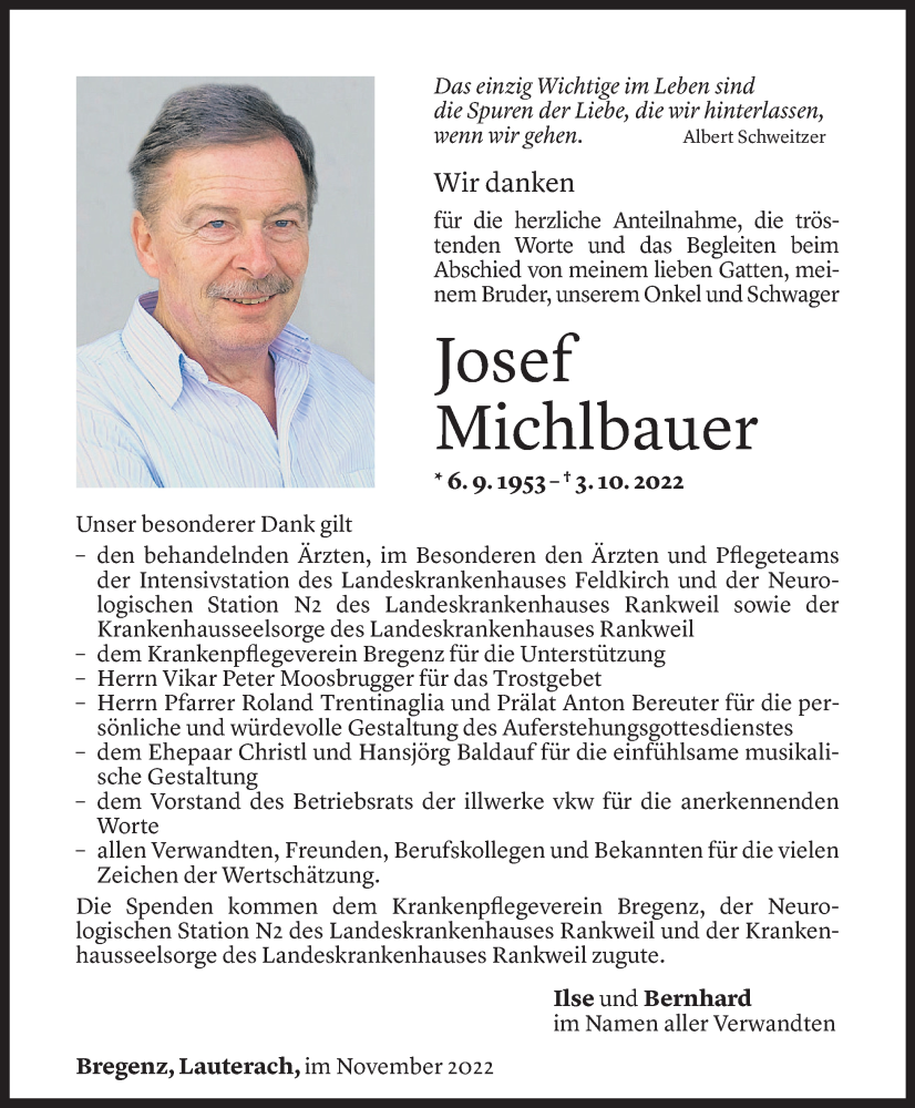  Todesanzeige für Josef Michlbauer vom 04.11.2022 aus Vorarlberger Nachrichten
