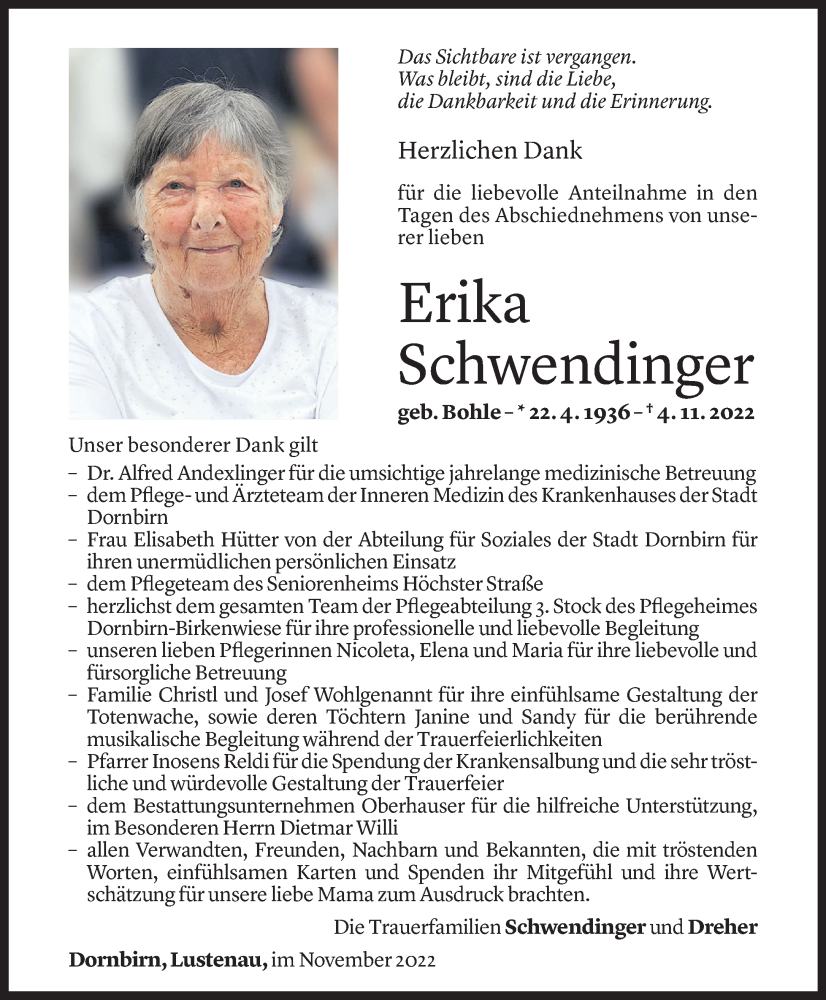  Todesanzeige für Erika Schwendinger vom 24.11.2022 aus Vorarlberger Nachrichten