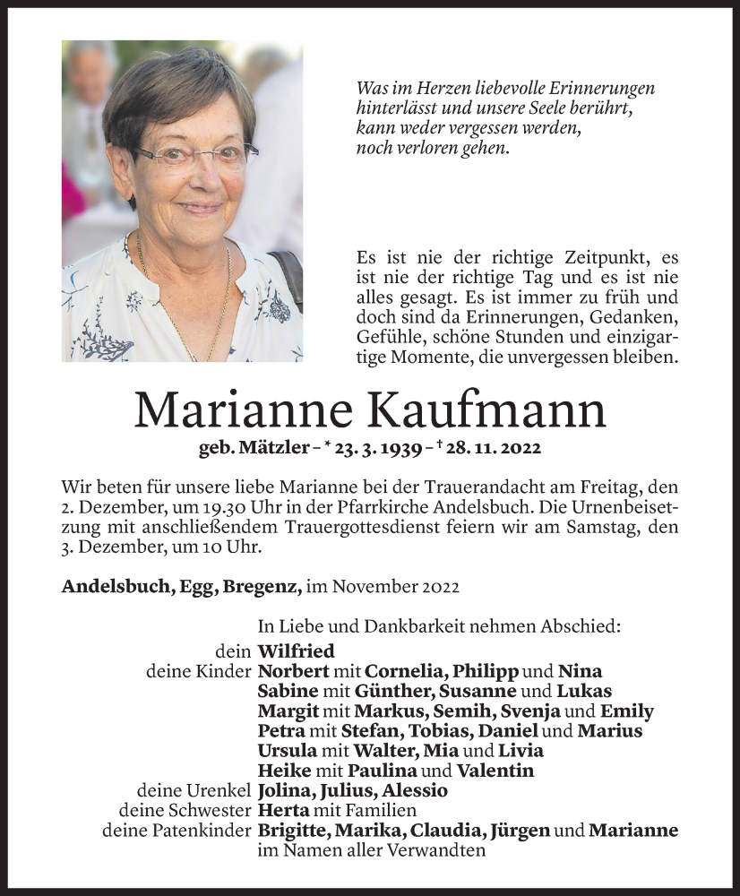  Todesanzeige für Marianne Kaufmann vom 01.12.2022 aus Vorarlberger Nachrichten