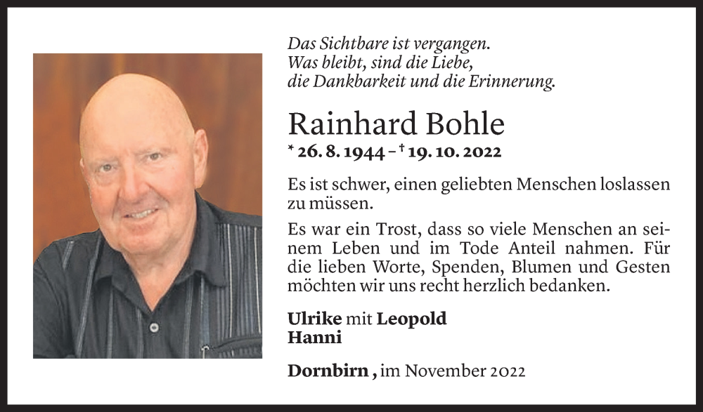  Todesanzeige für Rainhard Bohle vom 10.11.2022 aus Vorarlberger Nachrichten