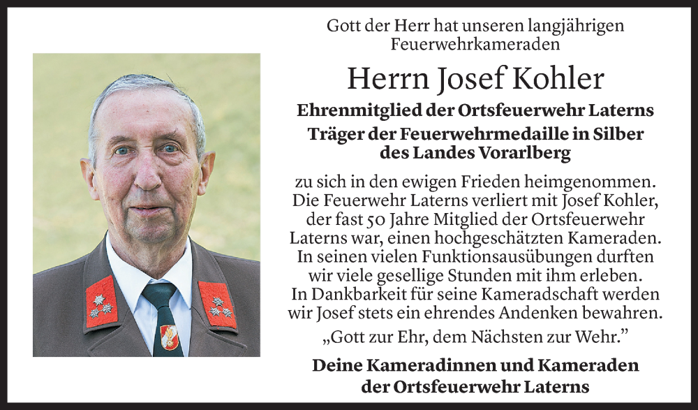  Todesanzeige für Josef Kohler vom 19.11.2022 aus Vorarlberger Nachrichten