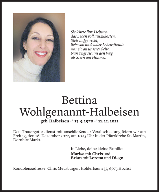 Todesanzeige von Bettina Wohlgenannt-Halbeisen von Vorarlberger Nachrichten