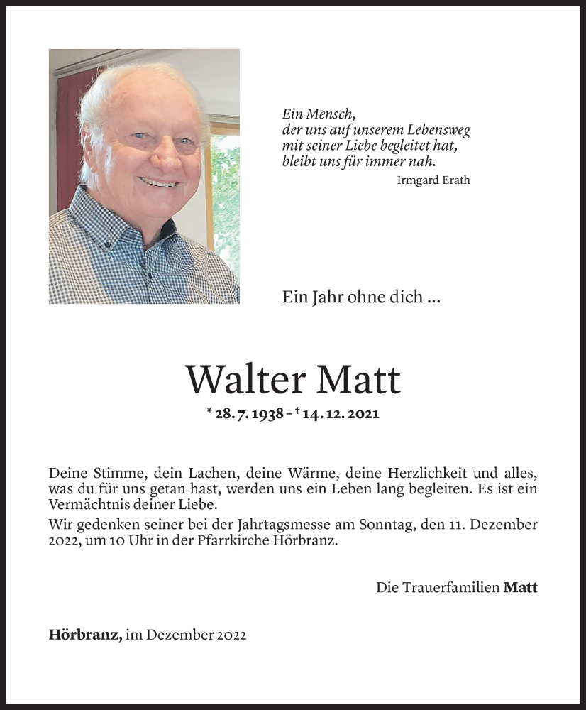  Todesanzeige für Walter Matt vom 08.12.2022 aus Vorarlberger Nachrichten
