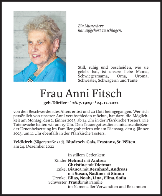 Todesanzeige von Anni Fitsch von Vorarlberger Nachrichten