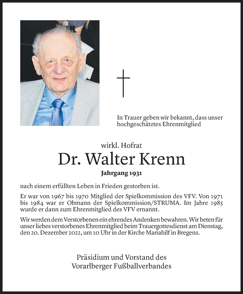  Todesanzeige für Walter Krenn vom 14.12.2022 aus Vorarlberger Nachrichten