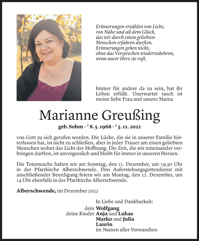  Todesanzeige für Marianne Greußing vom 09.12.2022 aus Vorarlberger Nachrichten