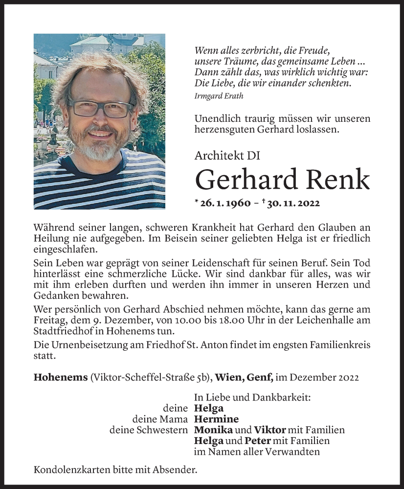  Todesanzeige für Gerhard Renk vom 07.12.2022 aus Vorarlberger Nachrichten