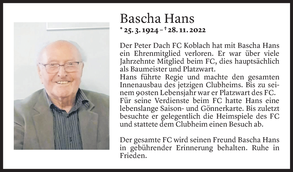  Todesanzeige für Hans Amann vom 03.12.2022 aus Vorarlberger Nachrichten