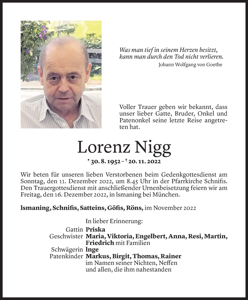  Todesanzeige für Lorenz Nigg vom 07.12.2022 aus Vorarlberger Nachrichten
