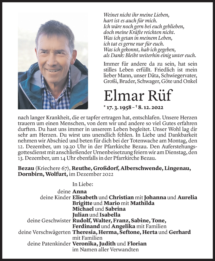  Todesanzeige für Elmar Rüf vom 09.12.2022 aus Vorarlberger Nachrichten