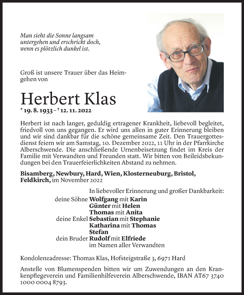  Todesanzeige für Herbert Klas vom 07.12.2022 aus Vorarlberger Nachrichten
