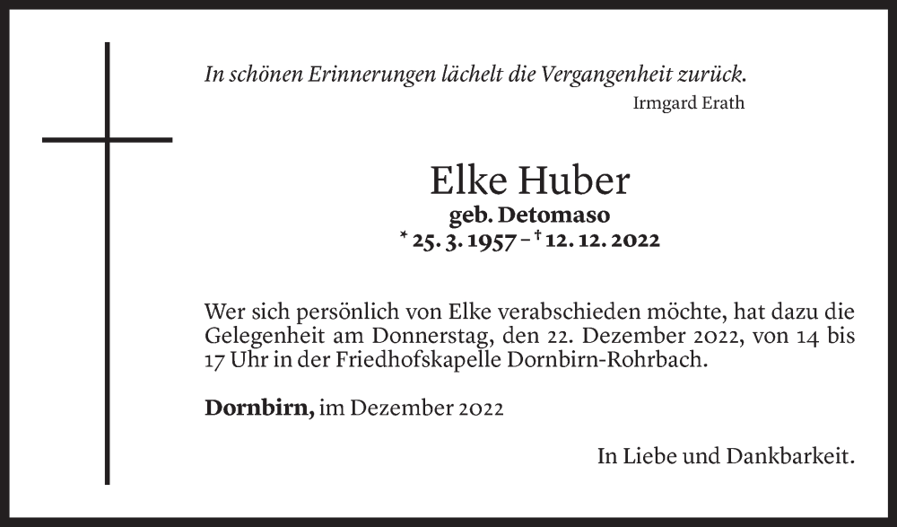  Todesanzeige für Elke Huber vom 16.12.2022 aus Vorarlberger Nachrichten