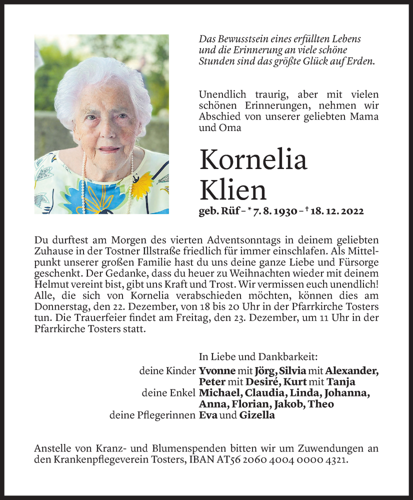  Todesanzeige für Kornelia Klien vom 21.12.2022 aus Vorarlberger Nachrichten