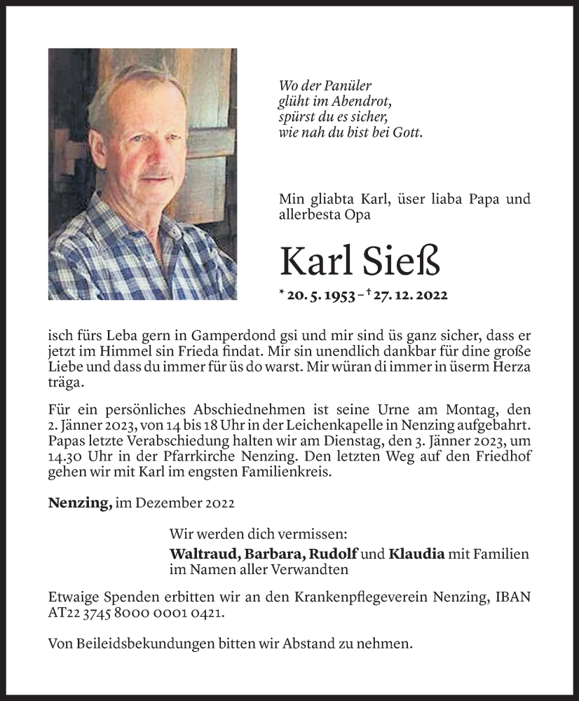  Todesanzeige für Karl Sieß vom 29.12.2022 aus Vorarlberger Nachrichten