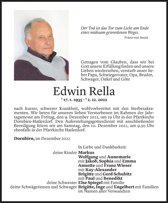 Todesanzeige von Edwin Rella von Vorarlberger Nachrichten