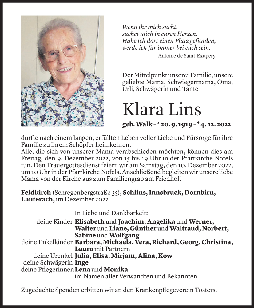  Todesanzeige für Klara Lins vom 07.12.2022 aus Vorarlberger Nachrichten