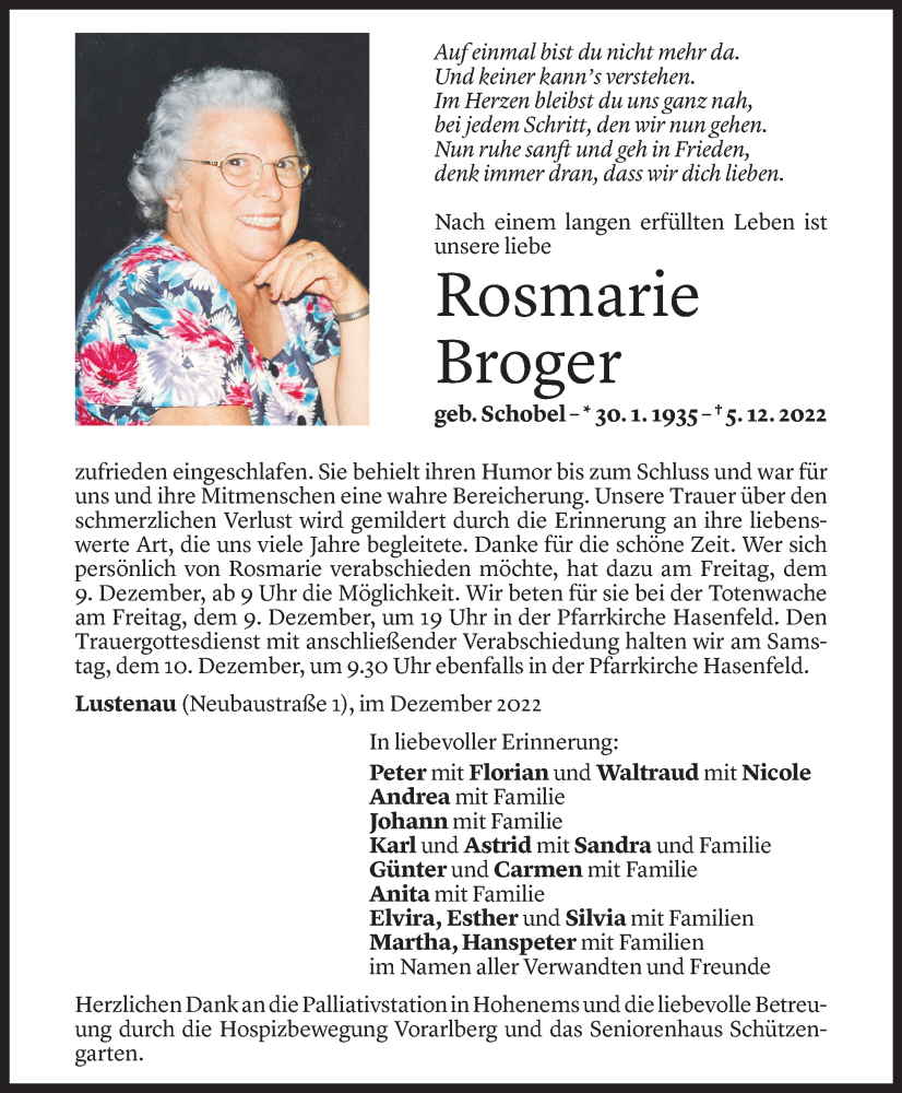 Todesanzeigen von Rosmarie Broger | Todesanzeigen Vorarlberger Nachrichten