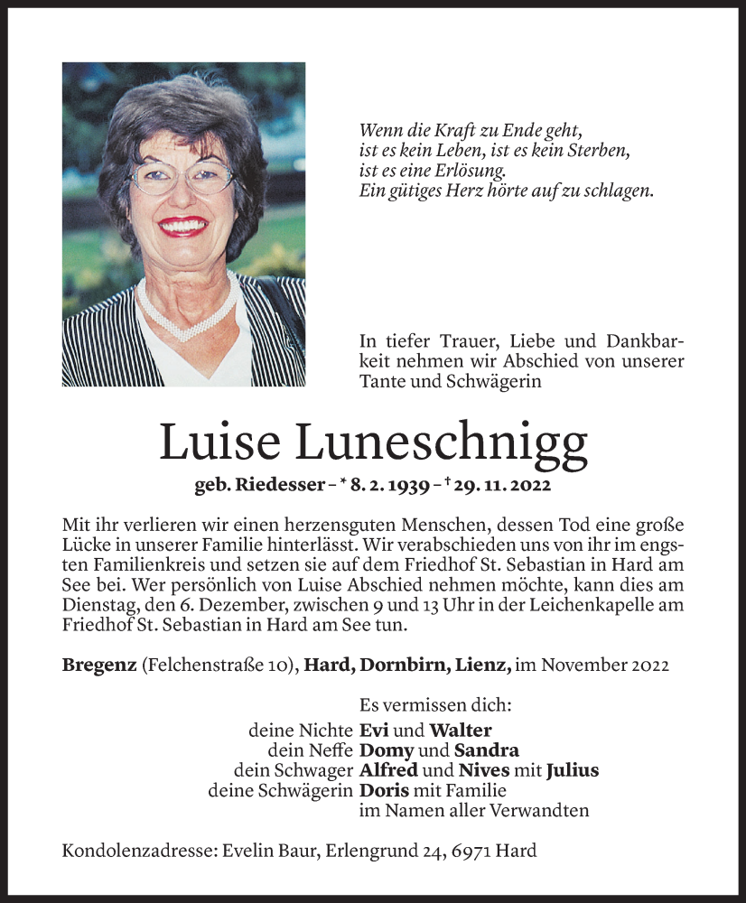  Todesanzeige für Luise Luneschnigg vom 02.12.2022 aus Vorarlberger Nachrichten