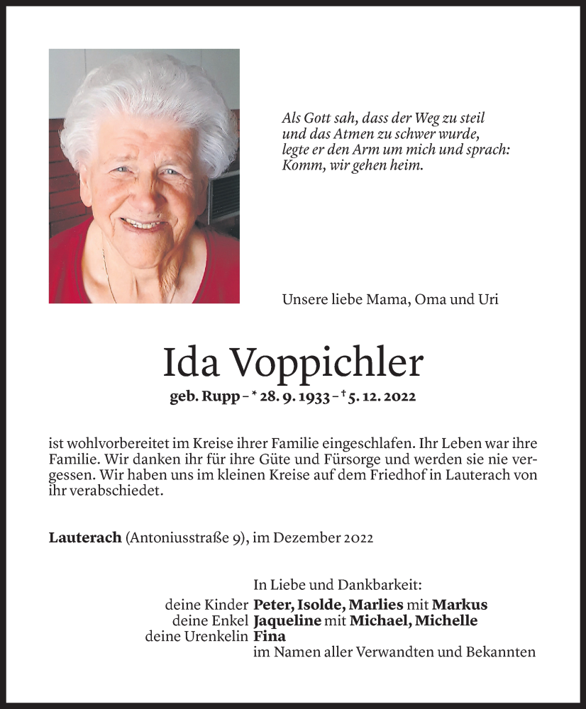  Todesanzeige für Ida Voppichler vom 10.12.2022 aus Vorarlberger Nachrichten