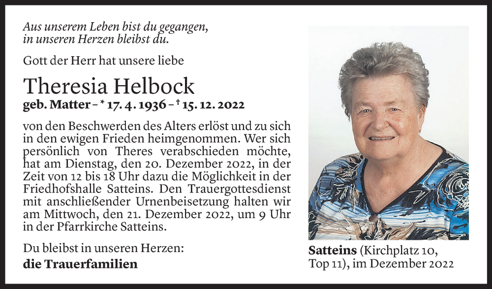  Todesanzeige für Theresia Helbock vom 16.12.2022 aus Vorarlberger Nachrichten