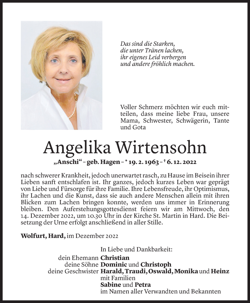  Todesanzeige für Angelika Wirtensohn vom 10.12.2022 aus Vorarlberger Nachrichten