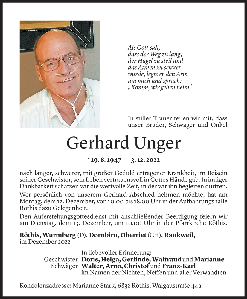  Todesanzeige für Gerhard Unger vom 08.12.2022 aus Vorarlberger Nachrichten
