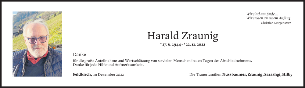  Todesanzeige für Harald Zraunig vom 09.12.2022 aus Vorarlberger Nachrichten