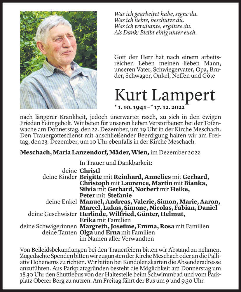  Todesanzeige für Kurt Lampert vom 21.12.2022 aus Vorarlberger Nachrichten