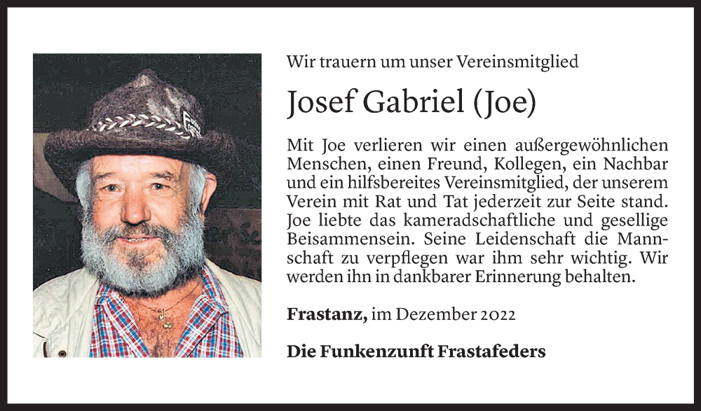  Todesanzeige für Josef Gabriel vom 26.12.2022 aus Vorarlberger Nachrichten
