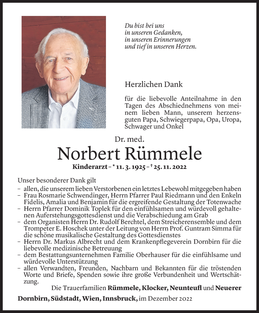  Todesanzeige für Norbert Rümmele vom 16.12.2022 aus Vorarlberger Nachrichten