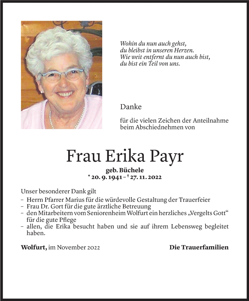  Todesanzeige für Erika Payr vom 20.12.2022 aus Vorarlberger Nachrichten
